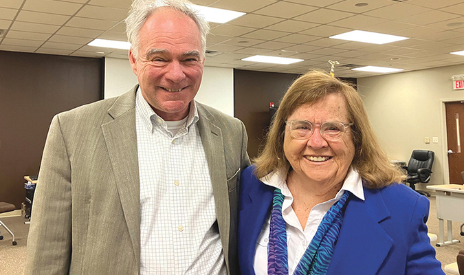 U.S. Sen. Tim Kaine visits with Health Wagon founder Sister Bernie Kenny.  SUBMITTED PHOTO
