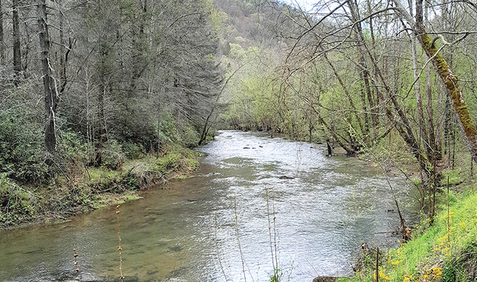 Friday’s weather wavered among storms, clouds and sunshine, but the Pound River north of Clintwood was calm and inviting.  JEFF LESTER PHOTO